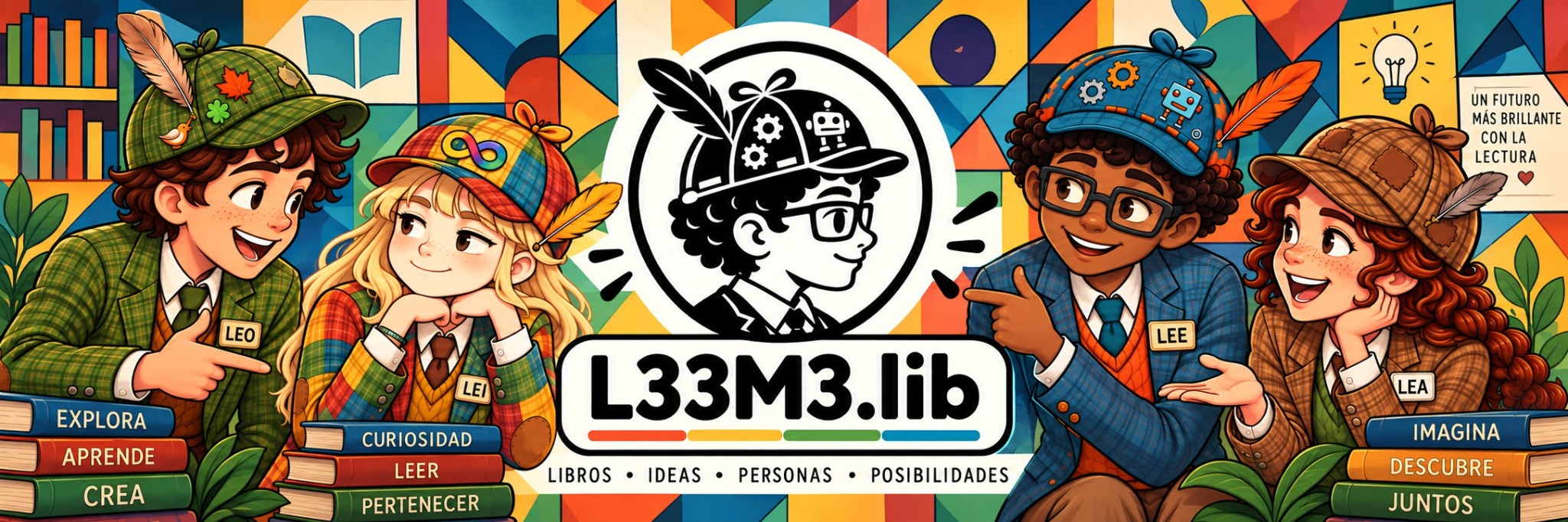 Universo L33M3.lib con LEO, LEI, LEE y LEA, los personajes del proyecto